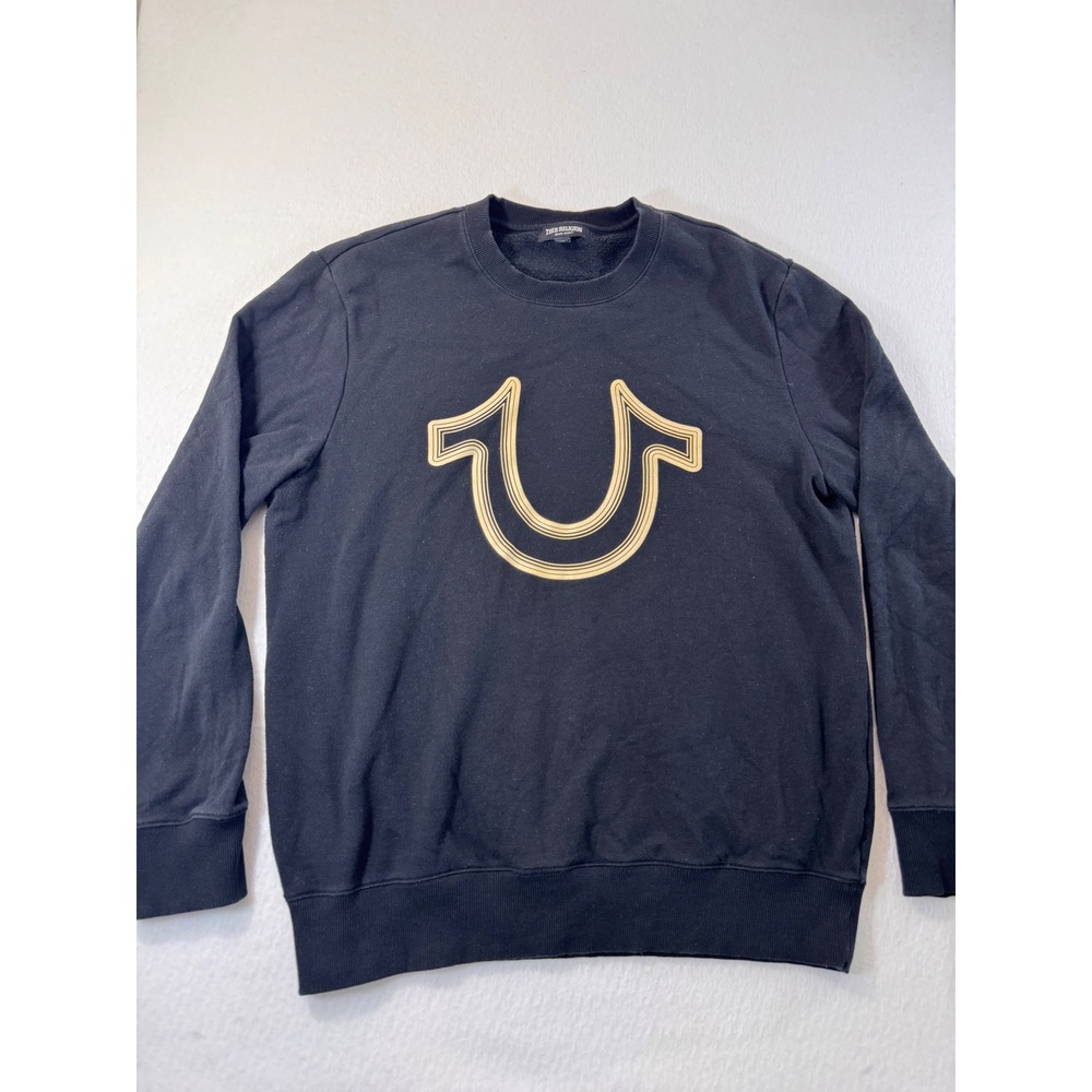 True Religion Mens Black Gold Horseshoe Logo Fleece Crewneck Sweatshirt Large